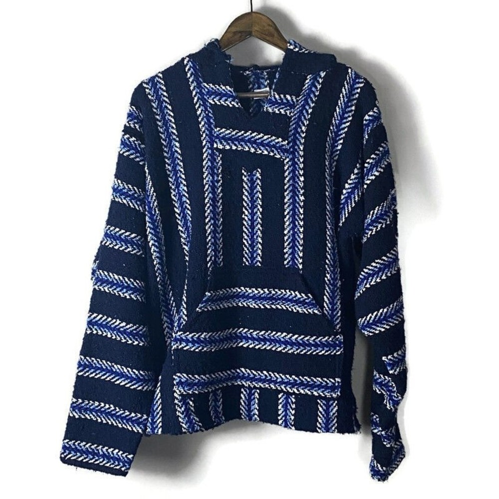 BAJA Mens Blue Striped Hoodie Long Sleeve Pullover Size L (estimate) Aztec